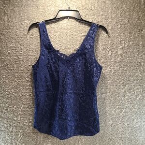 Lucie Ann II Womens Small Satin Blue Floral Blouse Tank Top, Cami Polyester